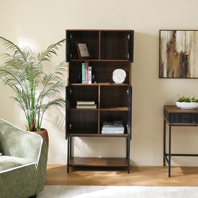 Dello Curio Cabinet W/4 Door Storage And Open Shelf  - Walnut / Black