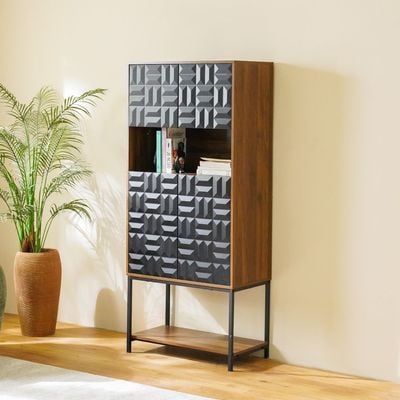 Dello Curio Cabinet W/4 Door Storage And Open Shelf  - Walnut / Black