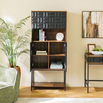 Dello Curio Cabinet W/4 Door Storage And Open Shelf  - Walnut / Black