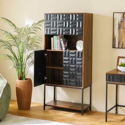 Dello Curio Cabinet W/4 Door Storage And Open Shelf  - Walnut / Black