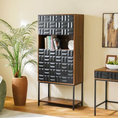 Dello Curio Cabinet W/4 Door Storage And Open Shelf  - Walnut / Black