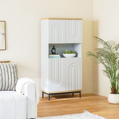 Delmar Curio Cabinet with 4-Door Storage and Open Shelf - Natural/Grey - With 2-Year Warranty