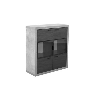 Pletora 6-Door Display Cabinet - Cement Grey/Dark Oak - With 2-Year Warranty