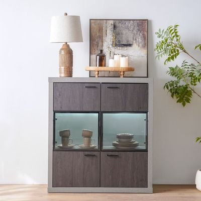 Pletora 6-Door Display Cabinet with LED light- Cement Grey/Dark Oak - With 2-Year Warranty