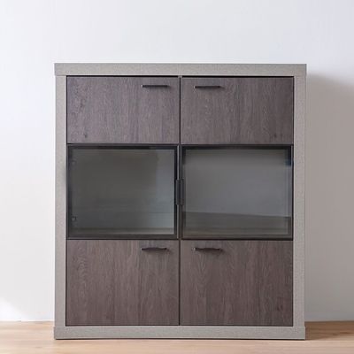 Pletora 6-Door Display Cabinet with LED light- Cement Grey/Dark Oak - With 2-Year Warranty