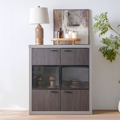 Pletora 6-Door Display Cabinet with LED light- Cement Grey/Dark Oak - With 2-Year Warranty