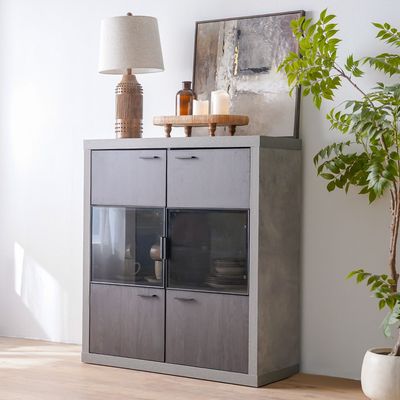 Pletora 6-Door Display Cabinet with LED light- Cement Grey/Dark Oak - With 2-Year Warranty