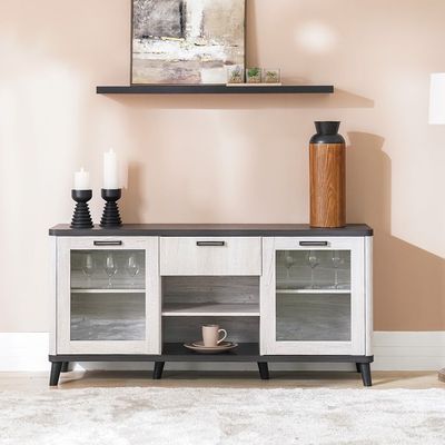 Kirwin Buffet Cabinet with 2 Glass Doors - Grey Oak/Black - With 2-Year Warranty