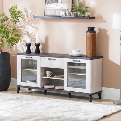 Kirwin Buffet Cabinet with 2 Glass Doors - Grey Oak/Black - With 2-Year Warranty