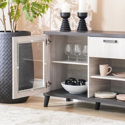 Kirwin Buffet Cabinet with 2 Glass Doors - Grey Oak/Black - With 2-Year Warranty