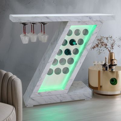 Hayward Bar Counter with Wine Rack + Bottle Holder & LED Lights + Bluetooth Speakers - White - With 2-Year Warranty