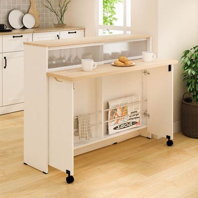 Algeria 4 doors Kitchen/Bar Cabinet w/ Folding Table - White/Oak