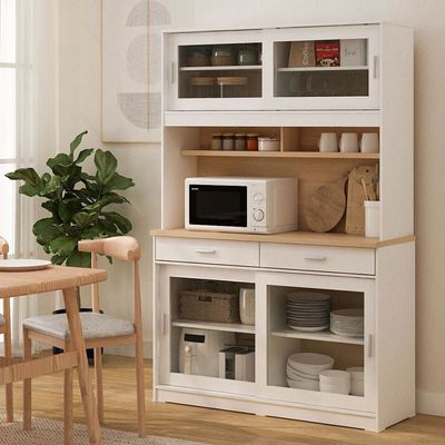 Maeda Kitchen Cabinet w/ 4 Sliding Doors & 2 Drawers - White/Oak