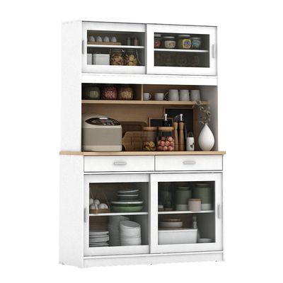 Maeda Kitchen Cabinet w/ 4 Sliding Doors & 2 Drawers - White/Oak