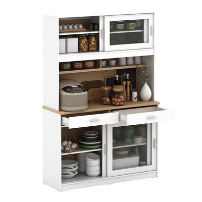 Maeda Kitchen Cabinet w/ 4 Sliding Doors & 2 Drawers - White/Oak