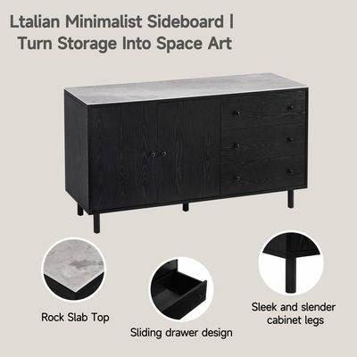 Midland Stone Top Sideboard With 2 doors and 3Drawers -High Gloss Grey/Black
