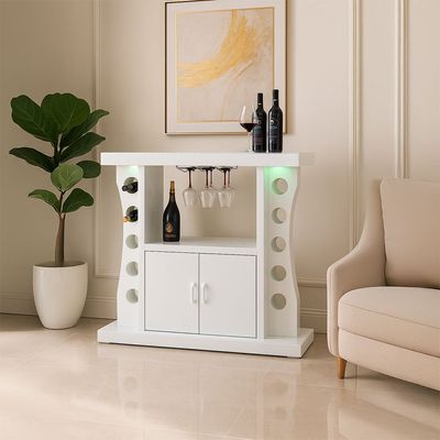 Hazky Glass Top 2 Door Bar Counter With RGB Downlight+Bluetooth Speaker+ Wine Glass Hangers and Bottle Holders - High Gloss White