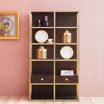 Lyon 5 Tier Bookcase/Room divider With drawer- Dark oak/Gold