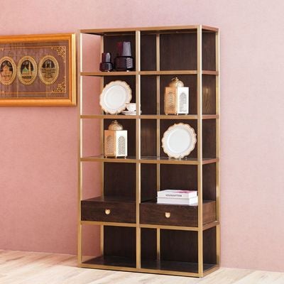 Lyon 5 Tier Bookcase/Room divider With drawer- Dark oak/Gold