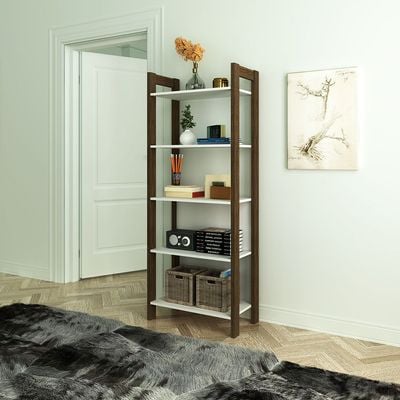 Lean 4-Tier Bookcase/Display Cabinet - White/Walnut - With 2-Year Warranty