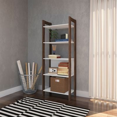 Lean 4-Tier Bookcase/Display Cabinet - White/Walnut - With 2-Year Warranty