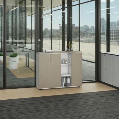 Herstal Office Credenza w/ 3 doors and open shelves - Oak/White 