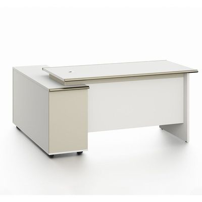 Eupen Executive L- Shape  Office Desk W/Lockable Top Drawer And Open Shelves - White/Beige