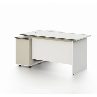 Eupen Executive L- Shape  Office Desk W/Lockable Top Drawer And Open Shelves - White/Beige