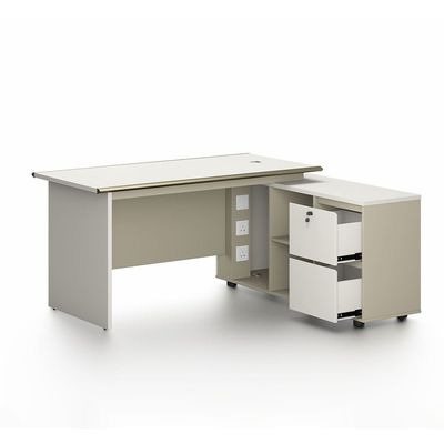 Eupen Executive L- Shape  Office Desk W/Lockable Top Drawer And Open Shelves - White/Beige