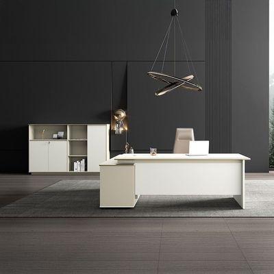 Eupen Executive L- Shape  Office Desk W/Lockable Top Drawer And Open Shelves - White/Beige