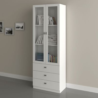 Kinsey Display Cabinet with 2 Glass Doors & 3 Drawers - White - With 2-Year Warranty