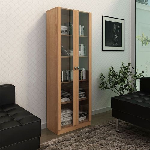 Kinsey Tall Office Cabinet With 2 Glass Doors- Brown - With 2-Year Warranty