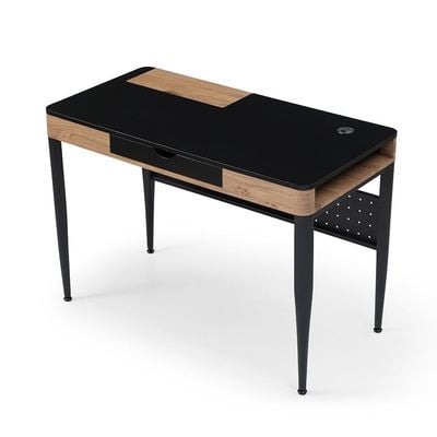 Nevel Study Desk with Drawer & Wire Management - Black/Oak - With 2-Year Warranty