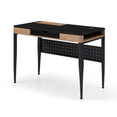 Nevel Study Desk with Drawer & Wire Management - Black/Oak - With 2-Year Warranty