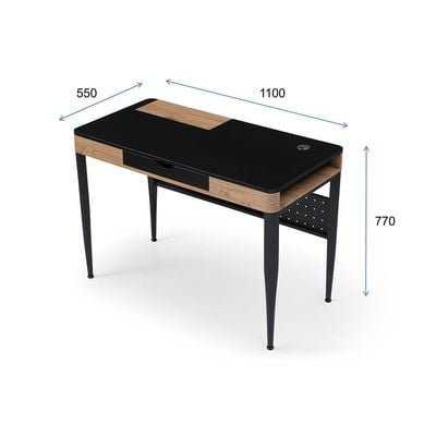 Nevel Study Desk with Drawer & Wire Management - Black/Oak - With 2-Year Warranty