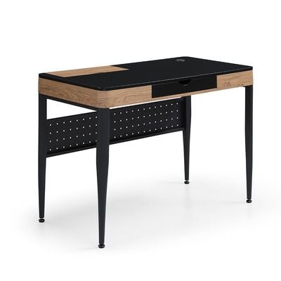 Nevel Study Desk with Drawer & Wire Management - Black/Oak - With 2-Year Warranty