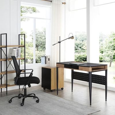 Nevel Study Desk With Drawer & Wire Management- Black/Oak