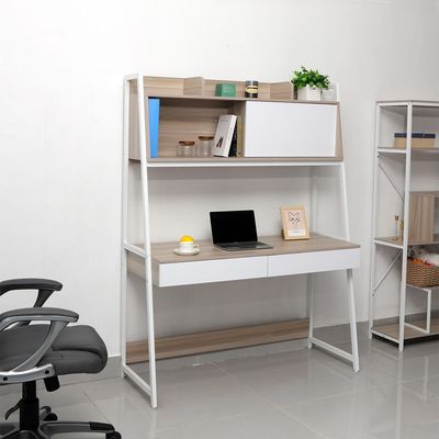 Mineo Study Desk with 2 Drawers and Sliding Door - Ash White/Oak - With 2-Year Warranty