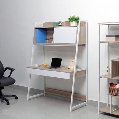 Mineo Study Desk With 2 Drawer And Sliding Door- Ash White
