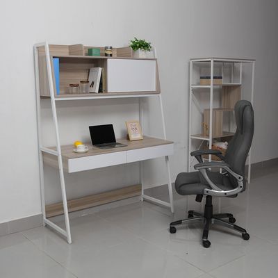 Mineo Study Desk with 2 Drawers and Sliding Door - Ash White/Oak - With 2-Year Warranty