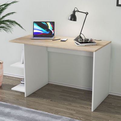 Camillo Office Desk with Shelves - High Gloss White/Light Oak - With 2-Year Warranty