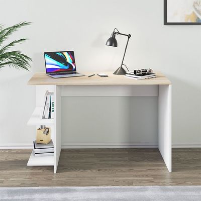 Camillo Office Desk with Shelves - High Gloss White/Light Oak - With 2-Year Warranty