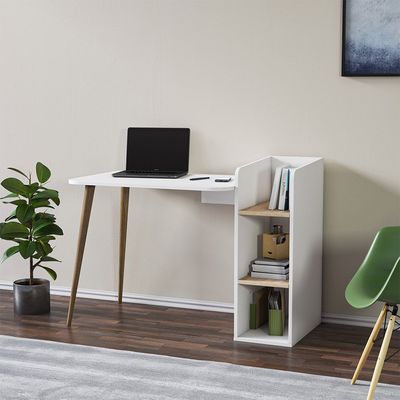 Prugia Office Desk with Shelves - High Gloss White/Light Oak - With 2-Year Warranty