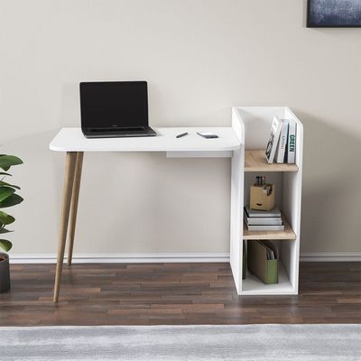 Prugia Office Desk with Shelves - High Gloss White/Light Oak - With 2-Year Warranty