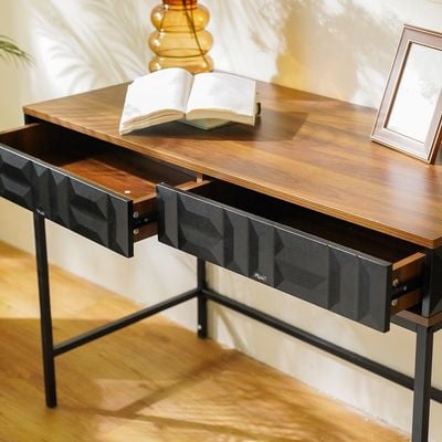 Dello Study Desk with 2 Drawers - Walnut/Black - With 2-Year Warranty