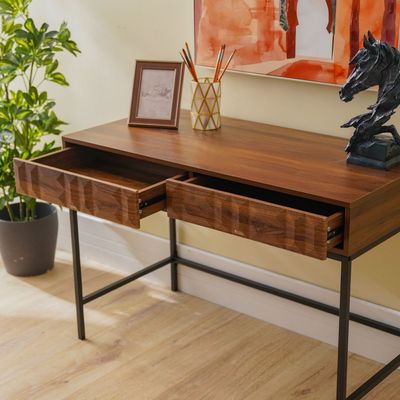 Dello Study Desk with 2 Drawers - Walnut/Black - With 2-Year Warranty