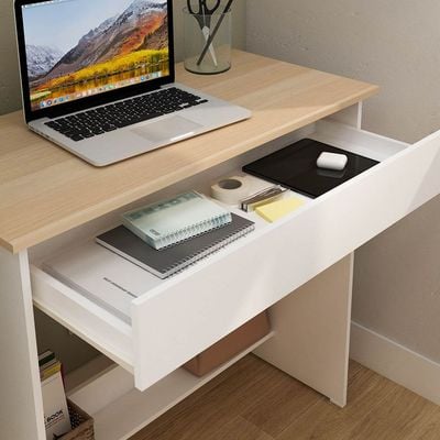 Algeira Office Desk with Drawer & Shelf - White/Oak - With 2-Year Warranty