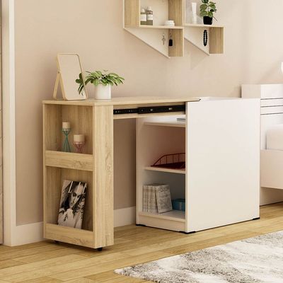 Barbados Extendable Desk with Side Shelves - White/Oak - With 2-Year Warranty