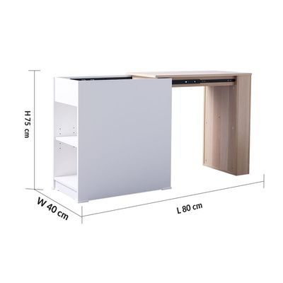 Barbados Extendable Desk with Side Shelves - White/Oak - With 2-Year Warranty