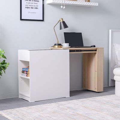 Barbados Extendable Desk with Side Shelves - White/Oak - With 2-Year Warranty